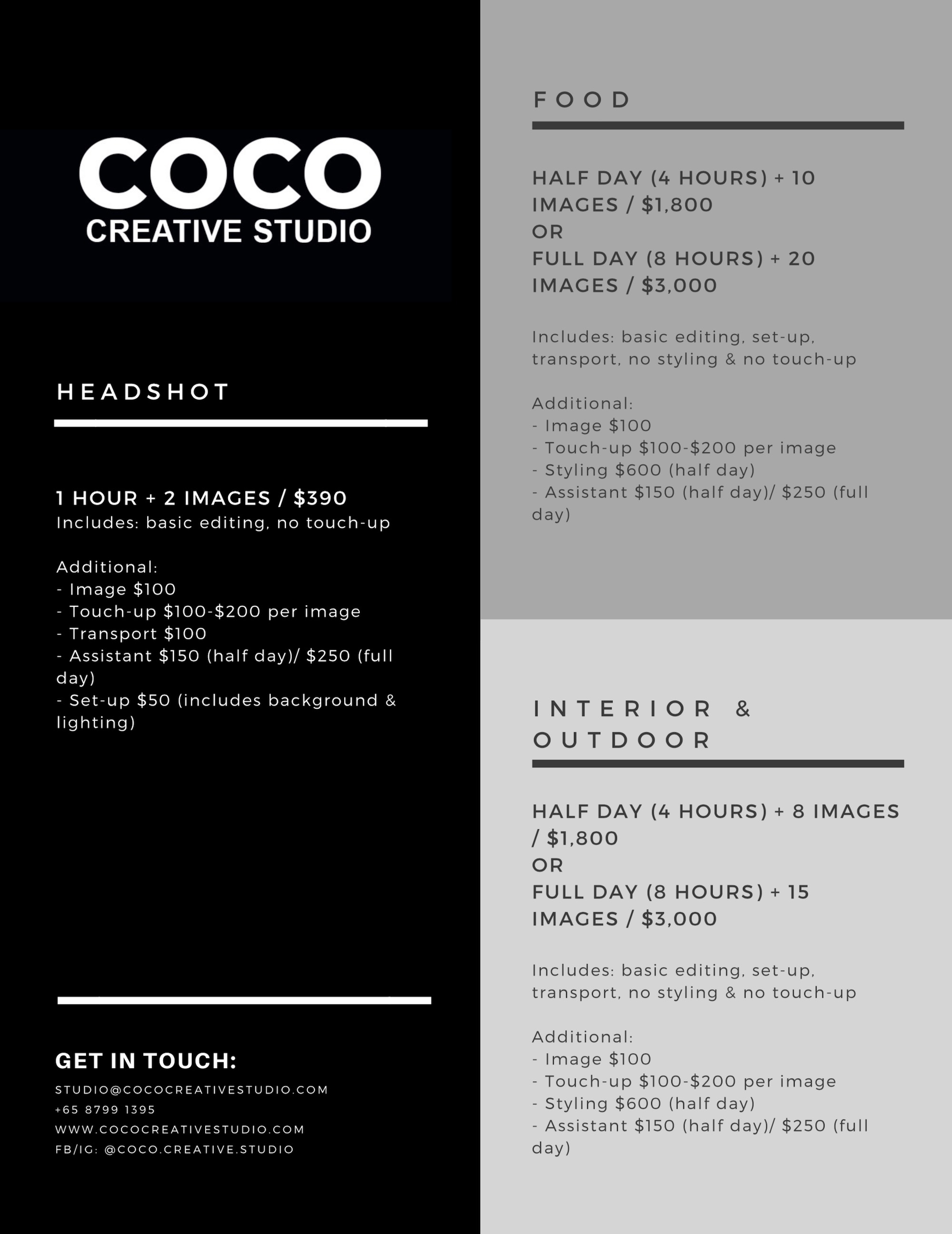 COCO Creative Studio Singapore RATE CARD Photographer price