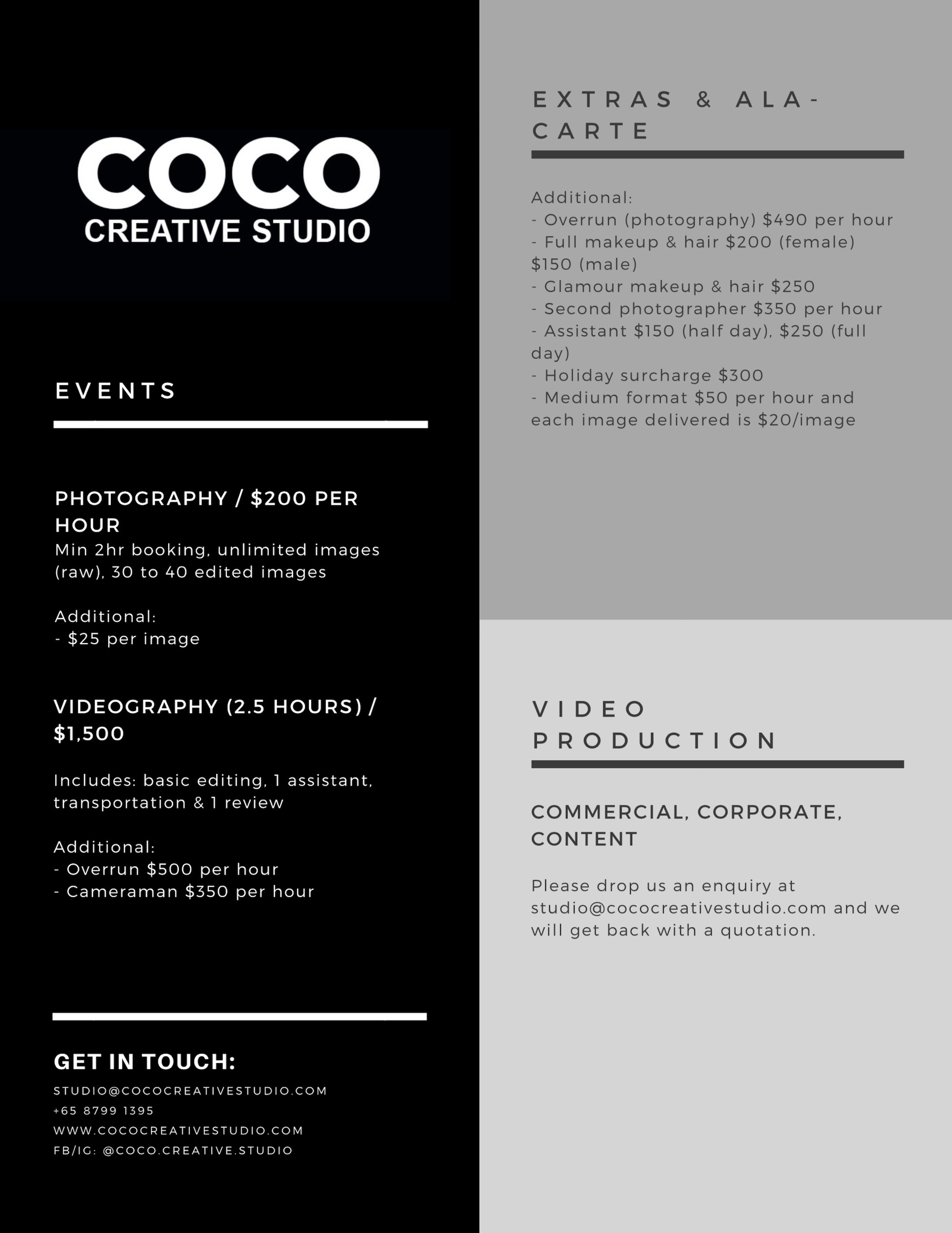 COCO CREATIVE STUDIO RATE CARD - photography videography singapore