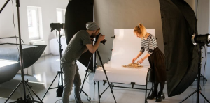 Food photography is being conducted in a studio