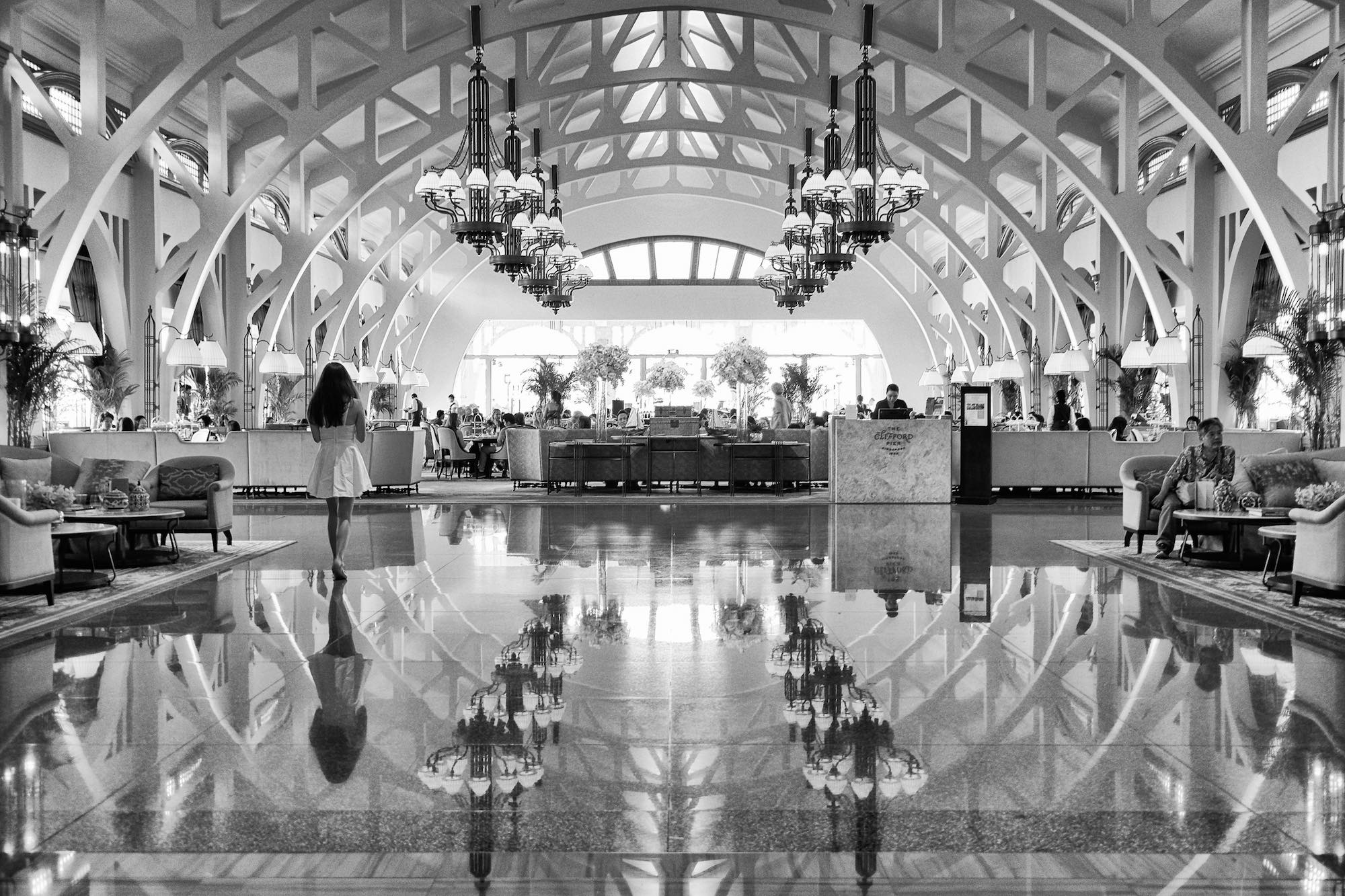 interior photography of hotel lobby by singapore photographer jose jeuland in black and white