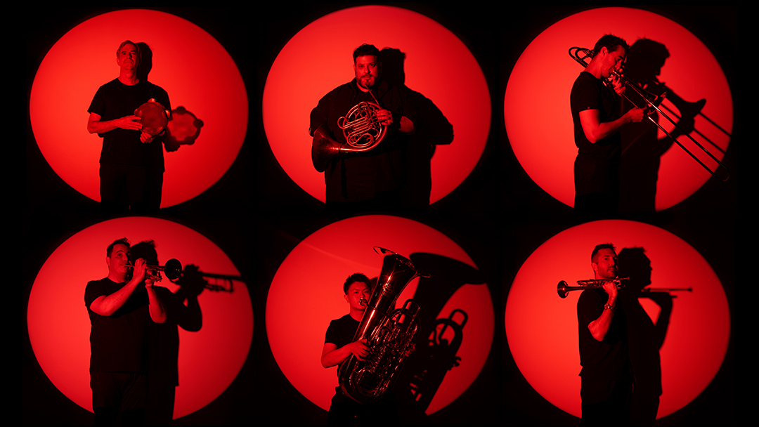 compiled headshots of band members with their instruments, shot with red lighting