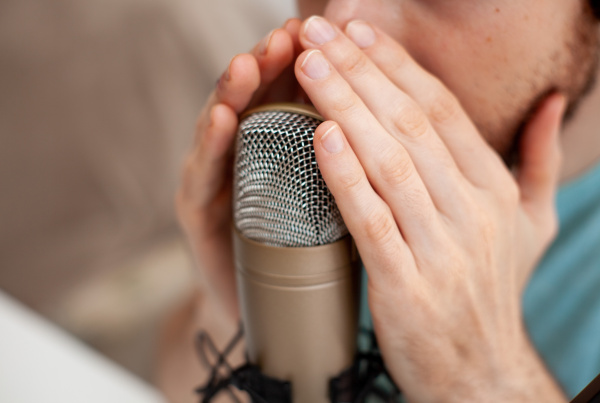 man whispering into microphone for asmr marketing videos