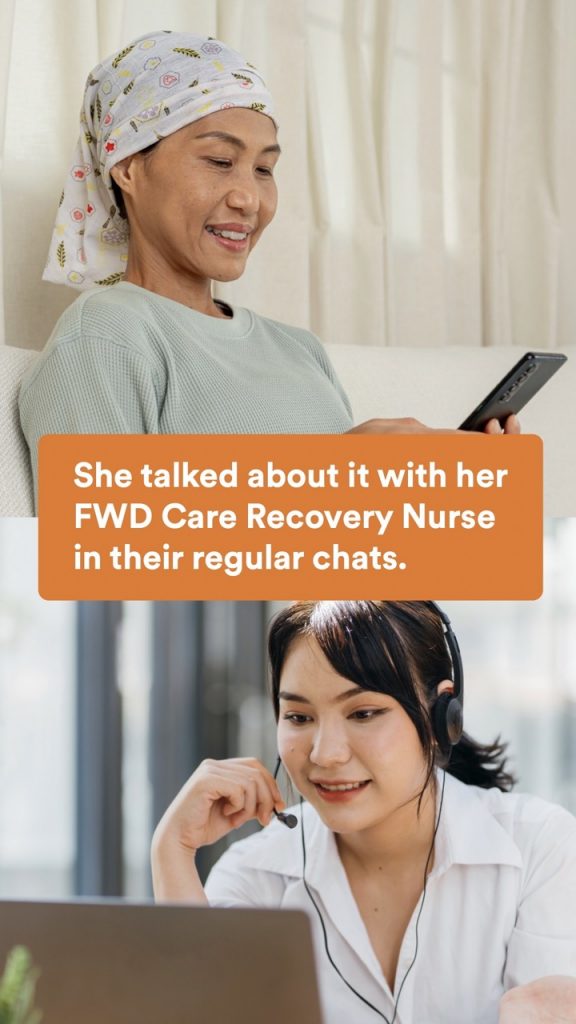 A woman suffering from cancer talks to a doctor over the phone who advises her on her diet.